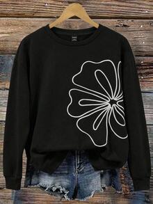 Travachic Plus Size Women's Vacation 3D Embroidered Decor Long Sleeve Sweatshirt Autumn Formal Club Going Out Black Casual Baggy - Black - View 8