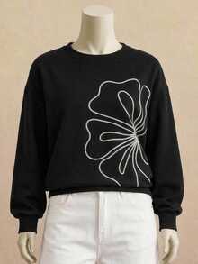 Travachic Plus Size Women's Vacation 3D Embroidered Decor Long Sleeve Sweatshirt Autumn Formal Club Going Out Black Casual Baggy - Black - View 7