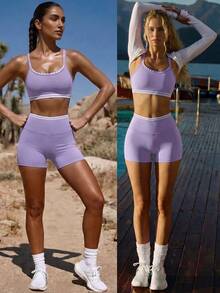 Fluxe Women's Cropped Camisole & Shorts 2 Pieces Sports Set - Purple - View 5