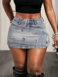 BamGleam Women's Pocket & Eyelet Design Sexy Fashion Bodycon Denim Mini Skirt - Light Wash - View 1