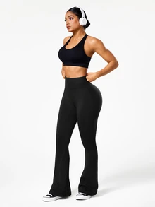 Solea Cove Solea Cove Solid Color High Waist Casual Fitted Breathable Versatile Flared Seamless Sports Pants - Black - View 6