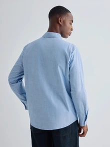 Merionis Men's Autumn Casual Commute Striped Shirt - Blue - View 2