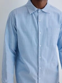 Merionis Men's Autumn Casual Commute Striped Shirt - Blue - View 6