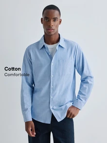 Merionis Men's Autumn Casual Commute Striped Shirt - Blue - View 1