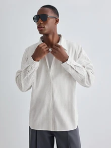Merionis Men's Casual Versatile Single-Breasted Striped Long Sleeve Shirt - Multicolor - View 4
