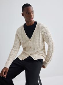 Merionis Men's Apricot Long Sleeve Single-Breasted Casual Knit Cardigan - Apricot - View 5