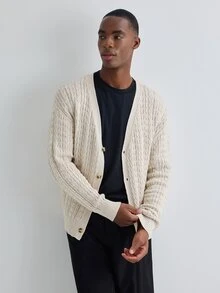 Merionis Men's Apricot Long Sleeve Single-Breasted Casual Knit Cardigan - Apricot - View 3