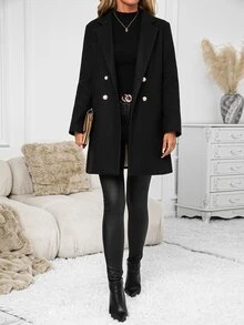 SHEIN Clasi Women's Fashion Button Pocket Long Sleeve Overcoat - Black - View 8
