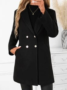 SHEIN Clasi Women's Fashion Button Pocket Long Sleeve Overcoat - Black - View 5