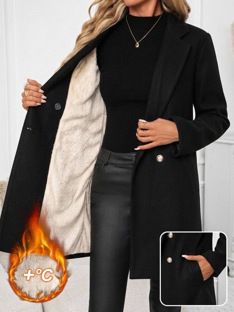 SHEIN Clasi Women's Fashion Button Pocket Long Sleeve Overcoat - Black - View 3