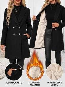 SHEIN Clasi Women's Fashion Button Pocket Long Sleeve Overcoat - Black - View 2