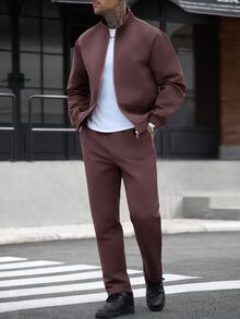 Manfinity CasualCool Men's Casual Versatile Solid Color Jacket And Pants Set - Burgundy - View 8