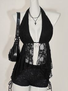 SHEIN ICON Women's Lace Halter Neck Camisole, Fashionable For Summer - Black - View 3