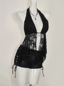 SHEIN ICON Women's Lace Halter Neck Camisole, Fashionable For Summer - Black - View 7
