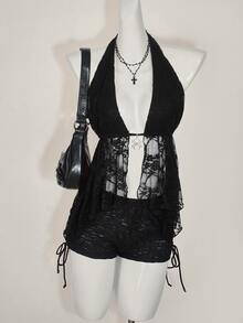 SHEIN ICON Women's Lace Halter Neck Camisole, Fashionable For Summer - Black - View 12