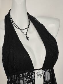 SHEIN ICON Women's Lace Halter Neck Camisole, Fashionable For Summer - Black - View 8