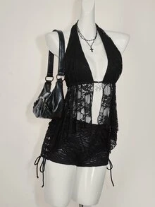 SHEIN ICON Women's Lace Halter Neck Camisole, Fashionable For Summer - Black - View 4