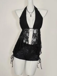 SHEIN ICON Women's Lace Halter Neck Camisole, Fashionable For Summer - Black - View 5