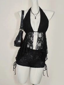 SHEIN ICON Women's Lace Halter Neck Camisole, Fashionable For Summer - Black - View 11