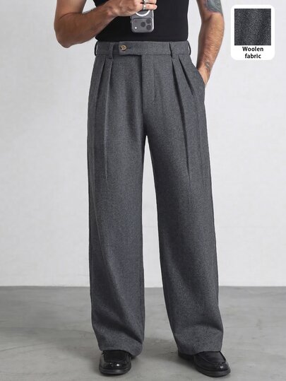 HUEFORM Men's Vintage Light Floral Grey Pleated Wool Fabric, Autumn/Winter Draped Thickened Loose Fit Commuter Casual Old Money Style Relaxed Fit Long Pants