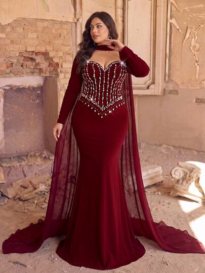 Aureia Plus Size Elegant Romantic Burgundy Long Sleeve Sweetheart Neckline Luxury Rhinestone & Pearl Embellished Fitted Bodycon Mermaid Hem Evening Gown (Includes Detachable Halter Neck Drape) Suitable For Date, Wedding, Business Dinner, Red Carpet, Graduation, Homecoming, Bachelorette Party, All Formal Occasions Women's Evening Dress