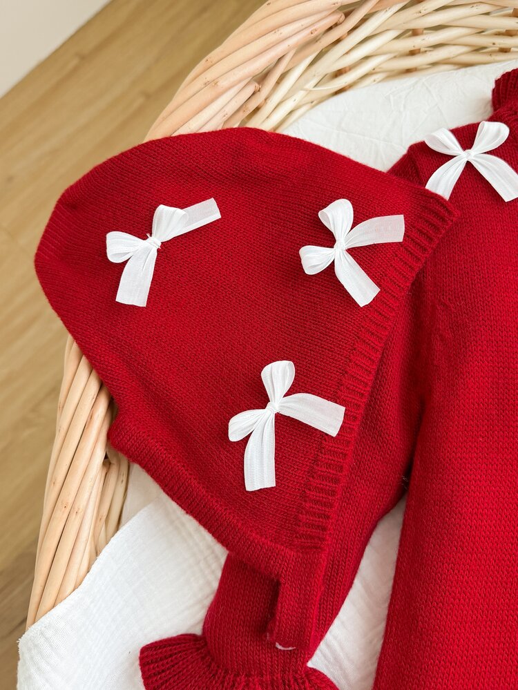 SHEIN 2pcs Baby Girls Pink Outfit Set, Newborn Sweater Romper, Elegant Sweet Design Puff Sleeve Pink Bow, Baby Girl Jumpsuit, Baby Girl Long Sleeve Romper, Autumn/Winter Baby Knitwear, Comfortable Newborn Baby Girl Outfit, 6-9 Months Baby Girl, Free Hat, 2pcs/Set - Red - View 6