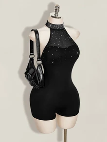 SHEIN ICON 女款水鑽裝飾掛脖連身褲 - 黑色 - 查看 6
