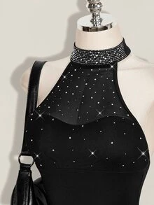 SHEIN ICON 女款水鑽裝飾掛脖連身褲 - 黑色 - 查看 5
