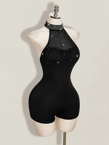 SHEIN ICON 女款水鑽裝飾掛脖連身褲 - 黑色 - 查看 7