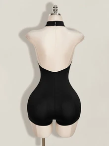 SHEIN ICON 女款水鑽裝飾掛脖連身褲 - 黑色 - 查看 2