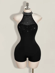 SHEIN ICON 女款水鑽裝飾掛脖連身褲 - 黑色 - 查看 3