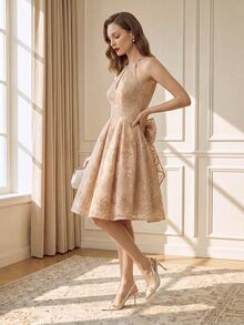 Suri Mira 3D Floral Embroidery Fabric Short Dress, Hollow Chest, Backless Design, Large Bowknot At Back Waist, Elegant Romantic, Dinner Party Wedding Champagne - Apricot - View 9