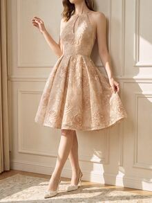 Suri Mira 3D Floral Embroidery Fabric Short Dress, Hollow Chest, Backless Design, Large Bowknot At Back Waist, Elegant Romantic, Dinner Party Wedding Champagne - Apricot - View 3