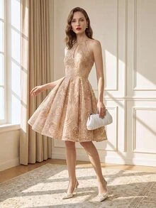 Suri Mira 3D Floral Embroidery Fabric Short Dress, Hollow Chest, Backless Design, Large Bowknot At Back Waist, Elegant Romantic, Dinner Party Wedding Champagne - Apricot - View 4