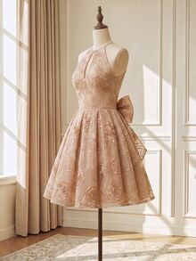 Suri Mira 3D Floral Embroidery Fabric Short Dress, Hollow Chest, Backless Design, Large Bowknot At Back Waist, Elegant Romantic, Dinner Party Wedding Champagne - Apricot - View 6