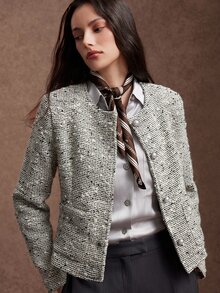 Zovinel Women's Round Neck Single-Breasted Elegant Commuter Blazer - Black and White - View 5