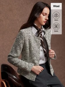 Zovinel Women's Round Neck Single-Breasted Elegant Commuter Blazer - Black and White - View 3
