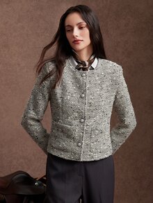 Zovinel Women's Round Neck Single-Breasted Elegant Commuter Blazer - Black and White - View 8