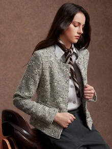 Zovinel Women's Round Neck Single-Breasted Elegant Commuter Blazer - Black and White - View 10