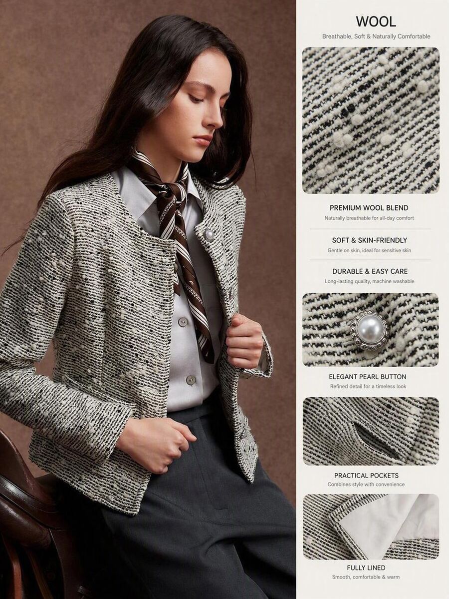 Zovinel Women's Round Neck Single-Breasted Elegant Commuter Blazer - Black and White - View 1