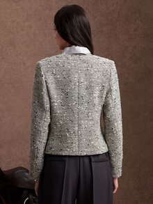 Zovinel Women's Round Neck Single-Breasted Elegant Commuter Blazer - Black and White - View 2