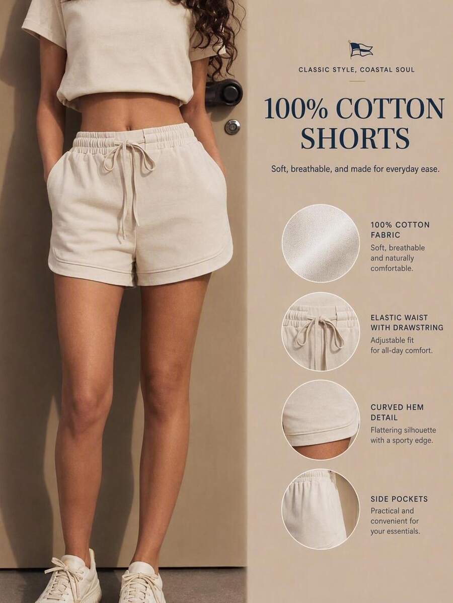 Nima Coro 100% Cotton Jersey Fabric Casual Versatile Patchwork Drawstring Elastic Waist Shorts,Casual Elegant For Outdoor, Commuting, Dating,Summer/Autumn - Beige - View 1