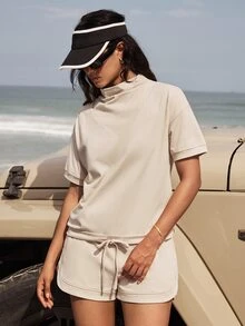 Nima Coro 100% Cotton Jersey Fabric Casual Versatile Patchwork Drawstring Elastic Waist Shorts,Casual Elegant For Outdoor, Commuting, Dating,Summer/Autumn - Beige - View 4