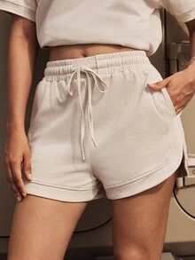 Nima Coro 100% Cotton Jersey Fabric Casual Versatile Patchwork Drawstring Elastic Waist Shorts,Casual Elegant For Outdoor, Commuting, Dating,Summer/Autumn - Beige - View 6