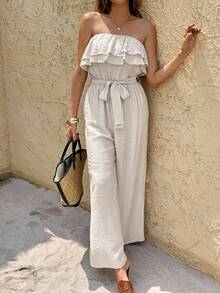 Serisse Women's Solid Color Ruffled Vacation Casual Jumpsuit Summer Holiday Resort - Apricot - View 4