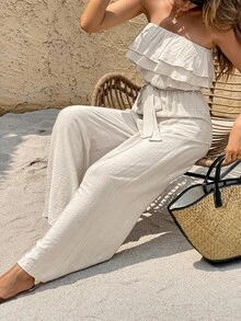Serisse Women's Solid Color Ruffled Vacation Casual Jumpsuit Summer Holiday Resort - Apricot - View 5