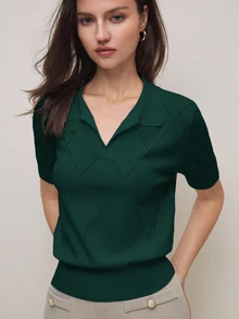 BizChic 深綠色女款針織上衣，不對稱菱格紋鉤針針織 Polo 領套頭短袖衫，優雅極簡休閒秋季法式風 - 墨綠色 - 查看 6