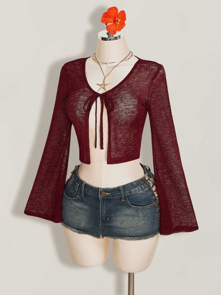 SHEIN ICON Solid Color Bell Sleeve Tie Front Cropped Top For Women - Burgundy - View 3