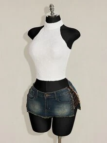 SHEIN ICON 女款素色休閒日常穿搭掛脖上衣 - 白色 - 查看 4