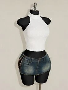 SHEIN ICON 女款素色休閒日常穿搭掛脖上衣 - 白色 - 查看 7
